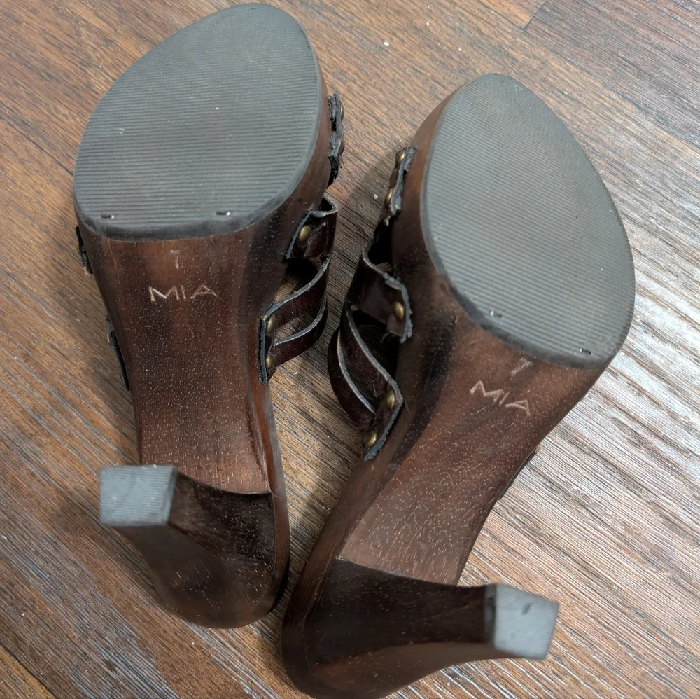 Vintage Mia Wooden Leather Dark Chocolate Brown Clog Heel 7 - Picture 7 of 8
